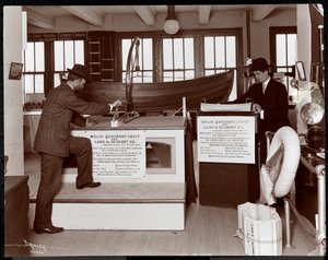 Exhibit of life boats by the Welin Quadrant Davit Co. and Lane und De Groot Co. at the Museum of Safety Appliances of the American Institute of Social Service, New York, 1908